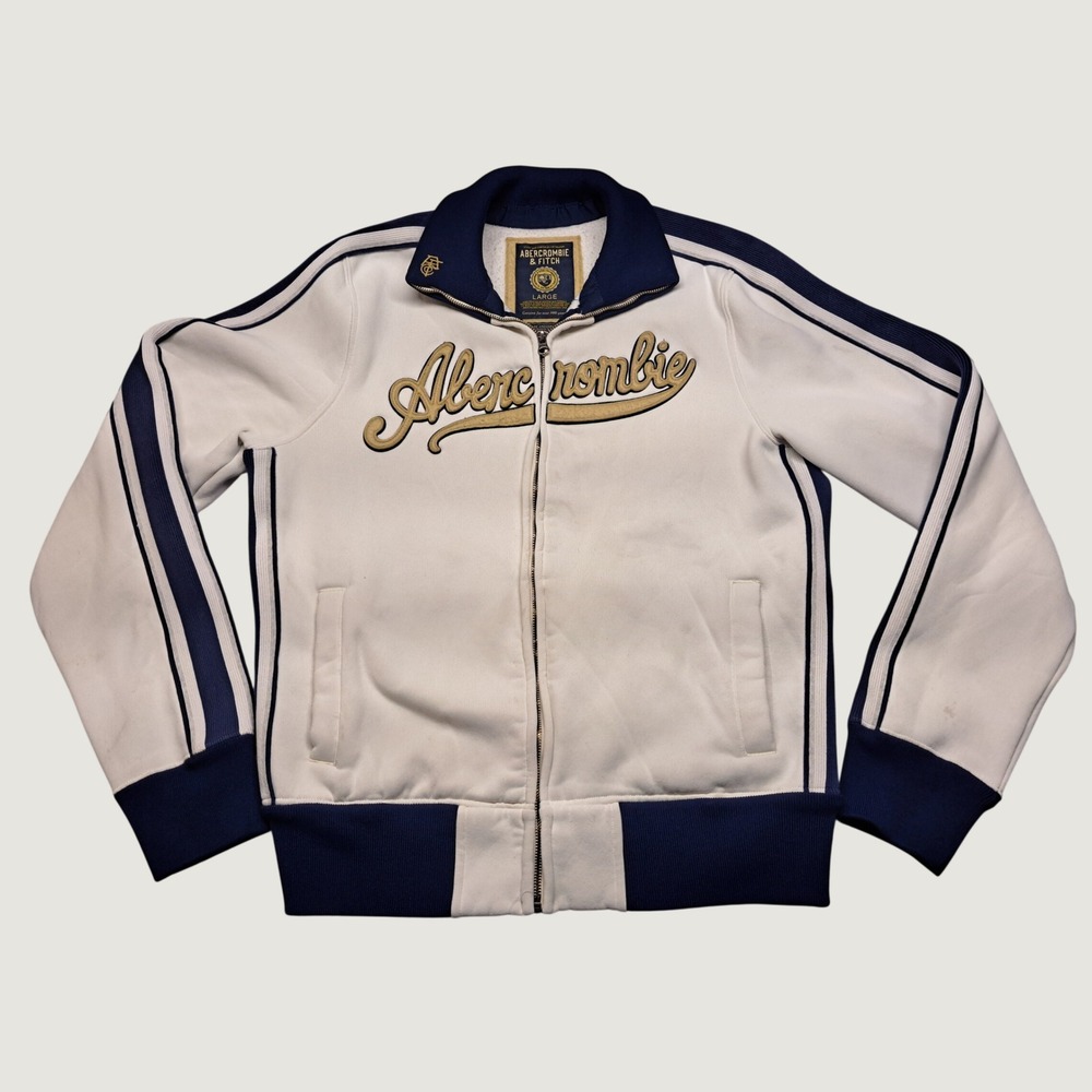 Abercrombie & Fitch Track Jacket Mens Large Cream Navy Good Embroidered Y2K Zip